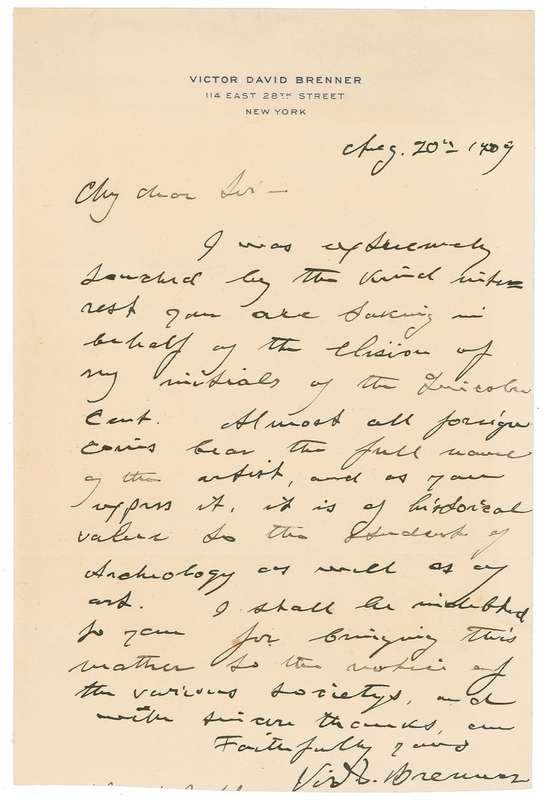 Lot 458 Victor David Brenner: The designer of the Lincoln penny discusses his numismatically-significant initials ?VDB??in 1909 no less!
