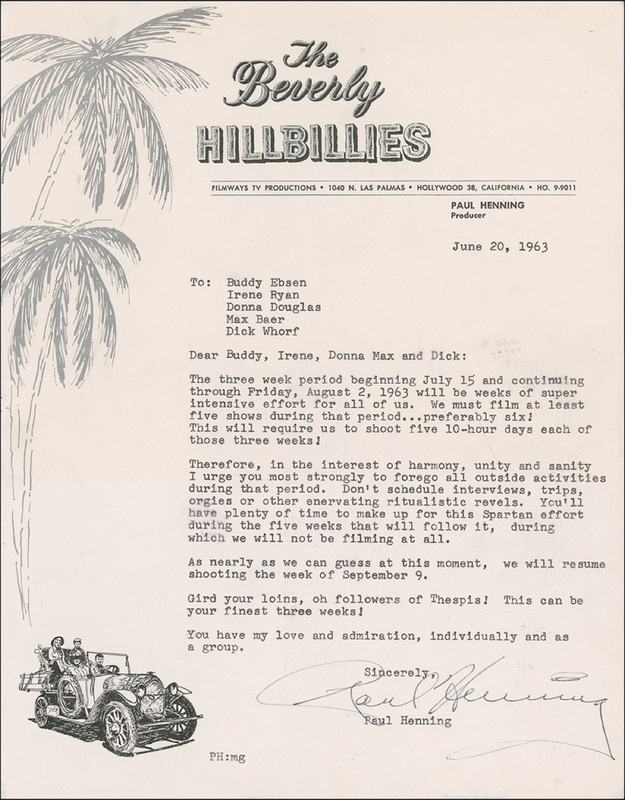 Lot 1069 Beverly Hillbillies: Paul Henning: Heads-up Hillbillies: ?Don?t schedule interviews, trips, orgies or other enervating ritualistic revels?
