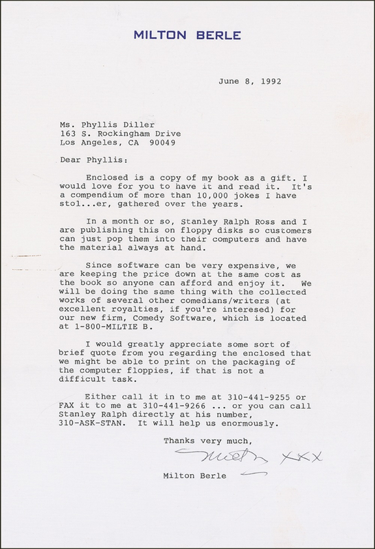 Lot 845 Milton Berle: “It’s a compendium of more than 10,000 jokes I have stol…er, gathered over the years.”
