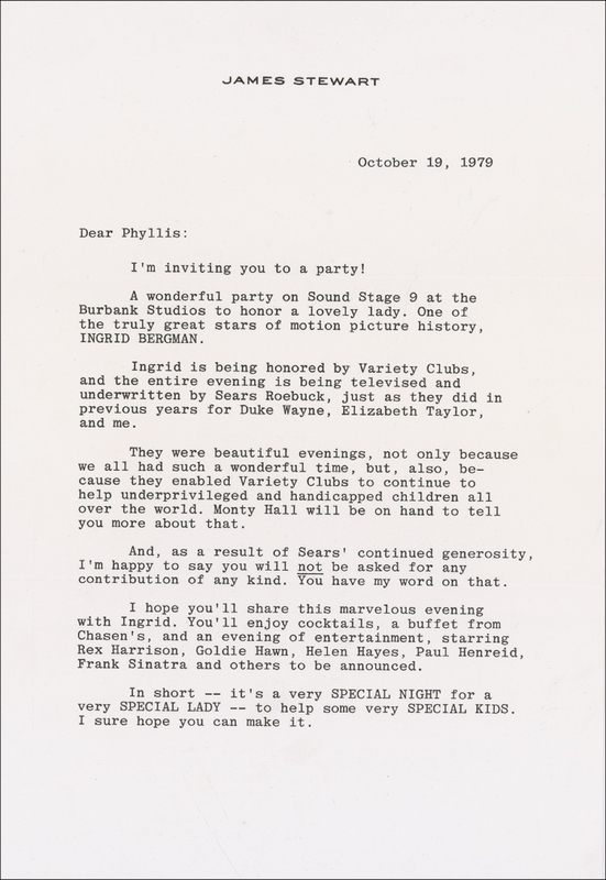 Lot 1035 James Stewart:  Jimmy Stewart to Phyllis Diller: “Ingrid [Bergman] is being honored by Variety Clubs…as they did in previous years for Duke Wayne, Elizabeth Taylor and me”