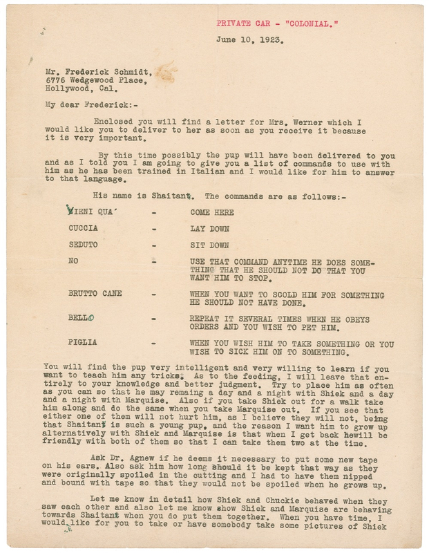 Lot 1043 Rudolph Valentino: Seduto! Valentino sends Italian commands for his three dogs, one aptly name Shiek