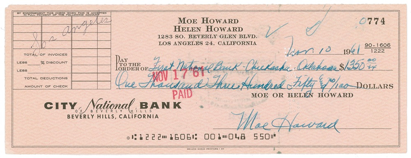 Lot 1039 Three Stooges: Moe Howard Check