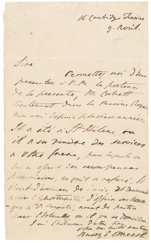Lot 244 Barry Edward O’Meara: The personal physician whom Napoleon found “offensive” sends notice to Bonaparte’s brother