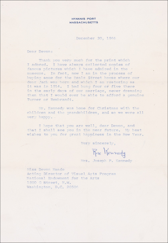 Lot 222 Rose Kennedy: Rose buys art for her home “where our dear Jack was born”