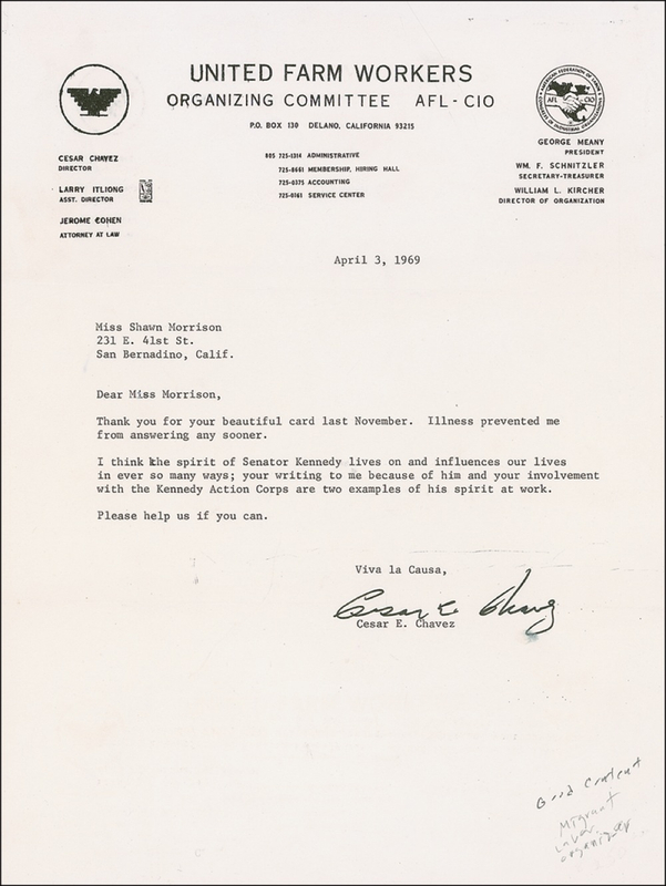 Lot 151 Cesar Chavez Typed Letter Signed