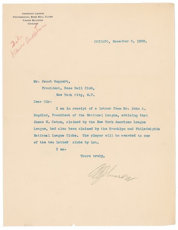 Lot 1261 Ban Johnson Typed Letter Signed