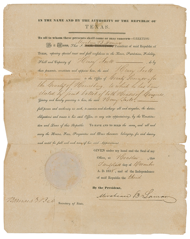 Lot 275 Texas: Lamar and Bee: The Republic of Texas’ new president appoints a county surveyor