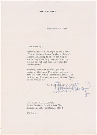 Lot #575 Walt Disney: Disney’s self-deprecating lack of lawn bowing skills: “It’s no secret there is room for improvement” - Image 1