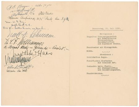 Lot #426 Hindenburg: A trio of 1936 Hindenburg items, including a lunch menu signed by Richard C. DuPont and Ernst A. Lehmann, senior officer aboard the final voyage - Image 1