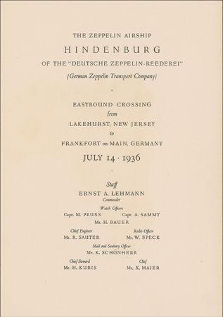 Lot #426 Hindenburg: A trio of 1936 Hindenburg items, including a lunch menu signed by Richard C. DuPont and Ernst A. Lehmann, senior officer aboard the final voyage - Image 7