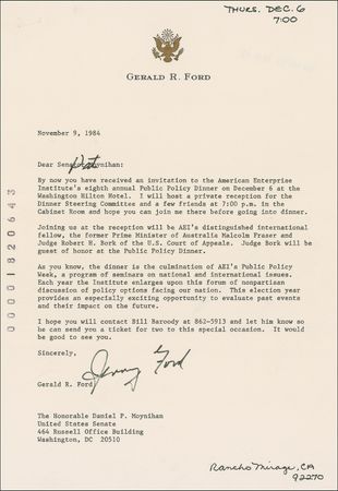 Lot #29 Gerald Ford: Ford invites Parick Moynihan