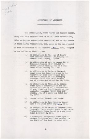 Lot #859 Frank Capra: Capra signs an agreement related to his Academy Award-nominated film, Meet John Doe - Image 1