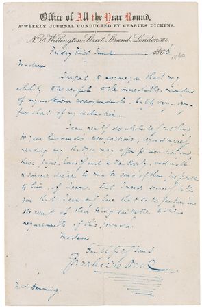 Lot #478. Charles Dickens: Dickens declines to read another author&rsquo;s manuscript&hellip;but offers a subtle loophole