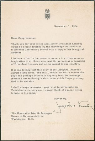 Lot #56 Jacqueline Kennedy: Less than a year after JFK’s death, Jackie stoically sends “a reminder of President Kennedy and all he meant to our country” - Image 1