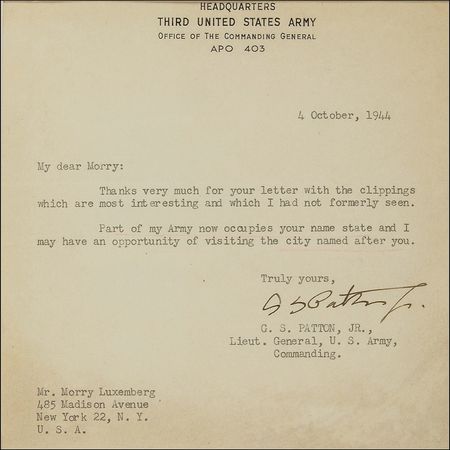 Lot #362 George S. Patton: “Part of my Army now occupies your name state” Patton writes on the day his 83rd Division closes in on Luxemberg - Image 2