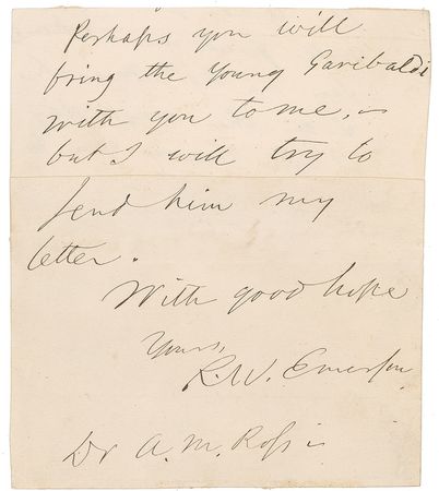 Lot #485 Ralph Waldo Emerson and Guiseppe Garibaldi: The philosopher calls for the soldier: “Perhaps you will bring the young Garibaldi…to me” - Image 1