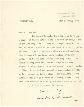 Lot #154 Winston and Clementine Churchill: In political isolation, Churchill agrees to a wealth of writing assignments - Image 1