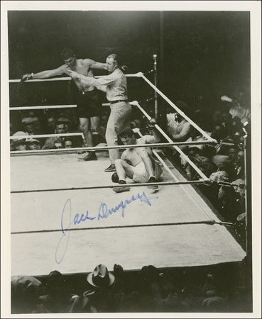 Lot #1212 Jack Dempsey: Dempsey signed photo of the legendary long count ... with an original ringside seat ticket stub for the fight! - Image 1