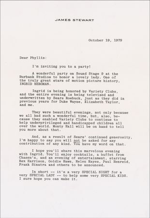 Lot #1035 James Stewart:  Jimmy Stewart to Phyllis Diller: “Ingrid [Bergman] is being honored by Variety Clubs…as they did in previous years for Duke Wayne, Elizabeth Taylor and me” - Image 1