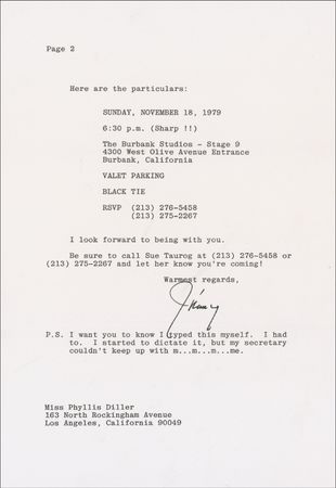 Lot #1035 James Stewart:  Jimmy Stewart to Phyllis Diller: “Ingrid [Bergman] is being honored by Variety Clubs…as they did in previous years for Duke Wayne, Elizabeth Taylor and me” - Image 2