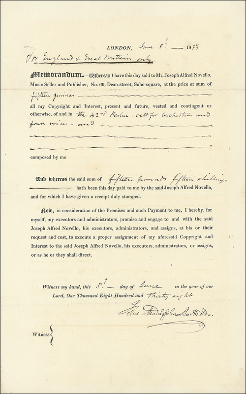 Lot 694 Felix Mendelssohn-Bartholdy: Mendelssohn sells the copyright to his 42nd Psalm
