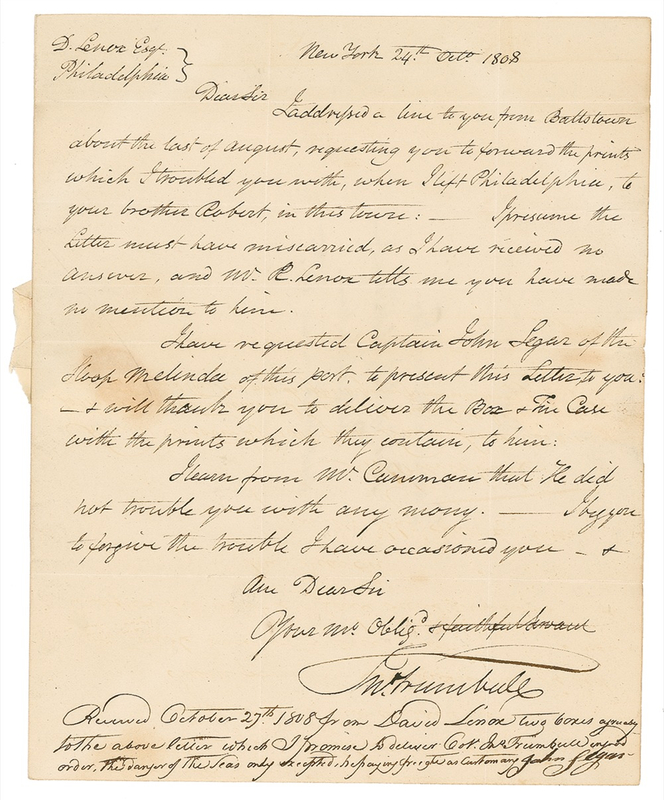 Lot 298 Jonathan Trumbull: ?I have requested Captain John Legar?deliver the Box & Fire Case?