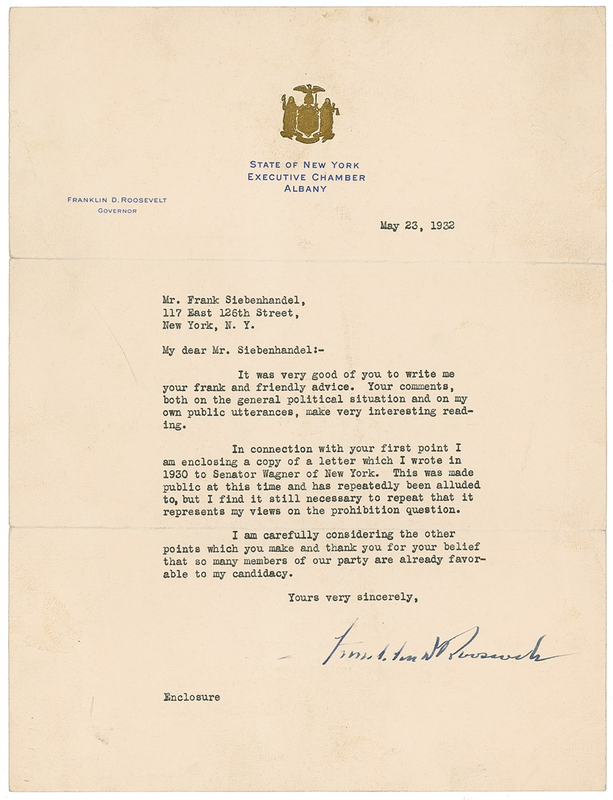 Lot 101 Franklin D. Roosevelt: ?My views on the prohibition question?