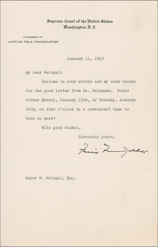 Lot 285 Supreme Court: Felix Frankfurter Letters