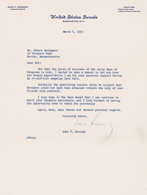 Lot 67 John F. Kennedy: Following his final senatorial campaign, JFK thanks one of Governor Curley?s aides