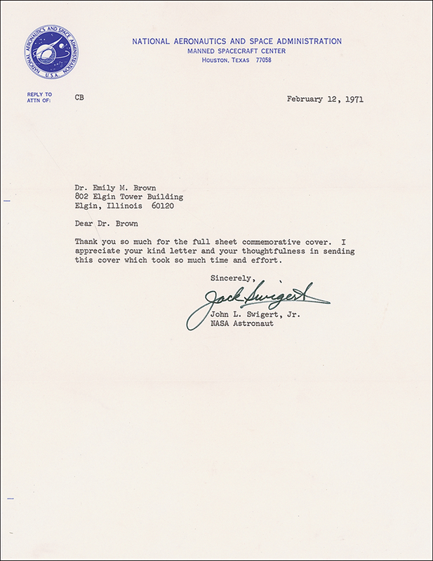 Lot 495 Jack Swigert: Swigert sends thanks for a cover shortly before more covers caused trouble