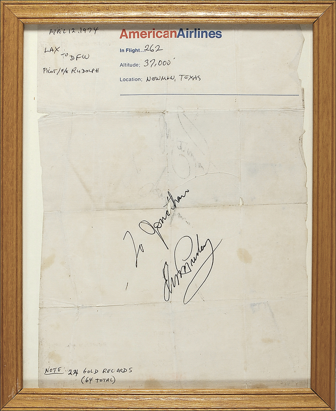 Lot 837 Elvis Presley: Elvis signs at 37,000 feet above Texas