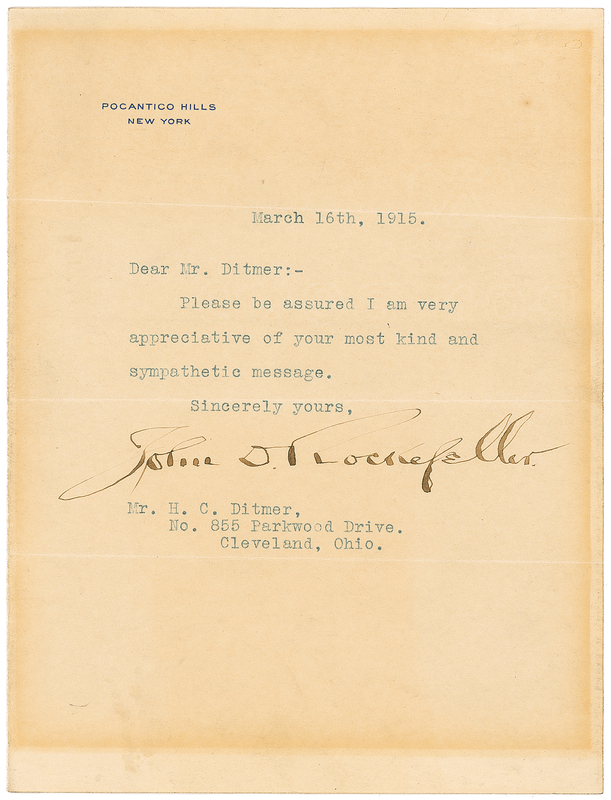 Lot 266 John D. Rockefeller: Brokenhearted Rockefeller acknowledges condolences following the loss of his wife of 50 years