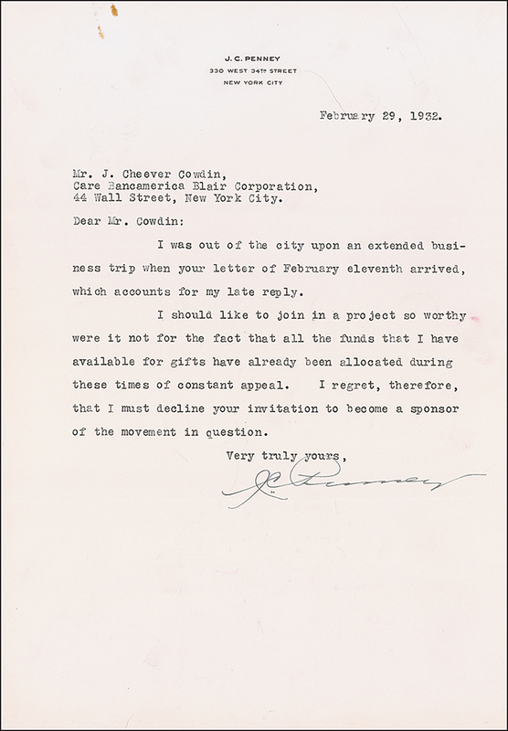 Lot 252 J. C. Penney Typed Letter Signed