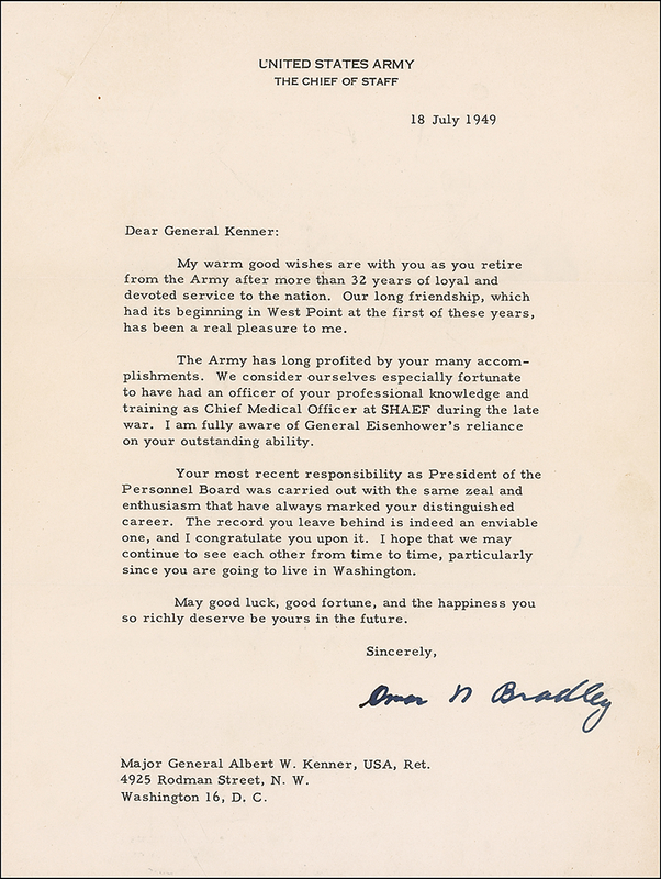 Lot 321 Omar Bradley: Bradley pays tribute to the retiring Albert Kenner