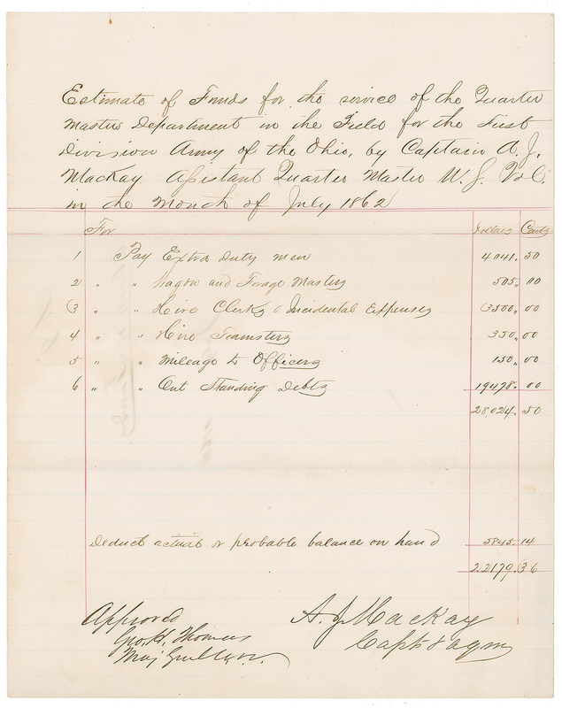 Lot 396 George H. Thomas: War-dated quartermaster roll signed by the ?Rock of Chickamauga?