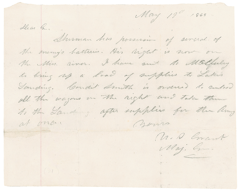 Lot 40 U. S. Grant: Grant messages McPherson from Vicksburg: “Sherman has possession of several of the enemy’s batteries. His sight is now on the Miss. River”
