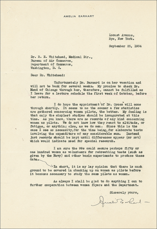 Lot 459 Amelia Earhart: Earhart argues equal rights for female pilots: ?It seems to me the sooner a few statistics are gathered concerning women pilots, the better?