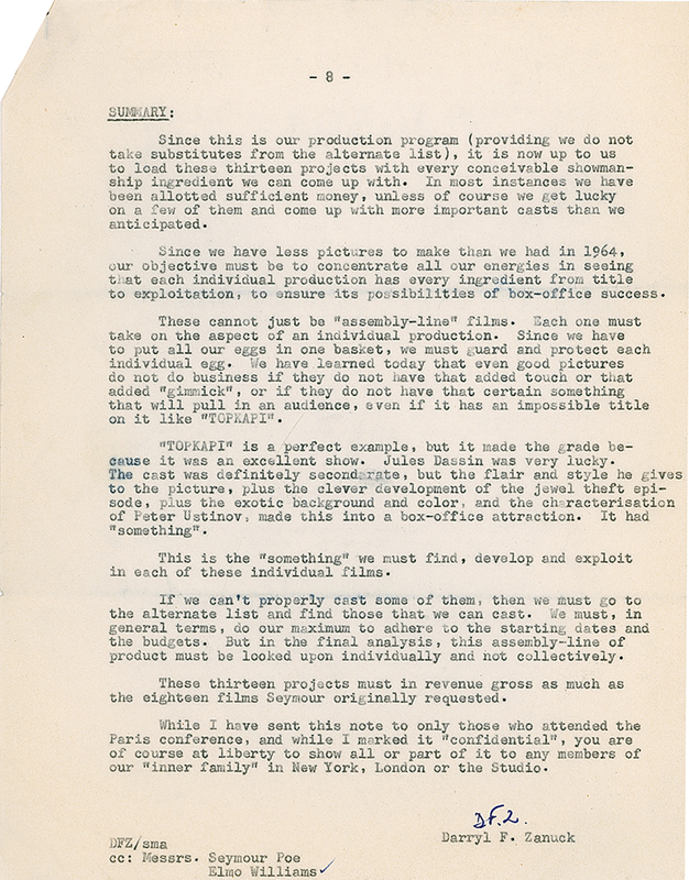Lot 1073 Darryl F. Zanuck: Zanuck plans his 1965 productions writing about McQueen, Stewart, Dali, Heston, and others