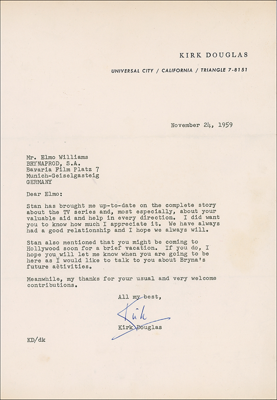 Lot 927 Kirk Douglas Letters
