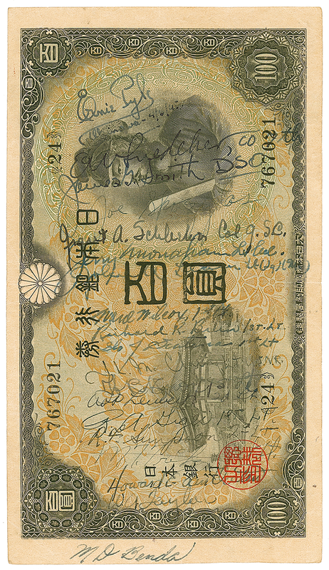 Lot 585 Ernie Pyle and Friends: Bank note signed by Pyle in Okinowa shortly before his death