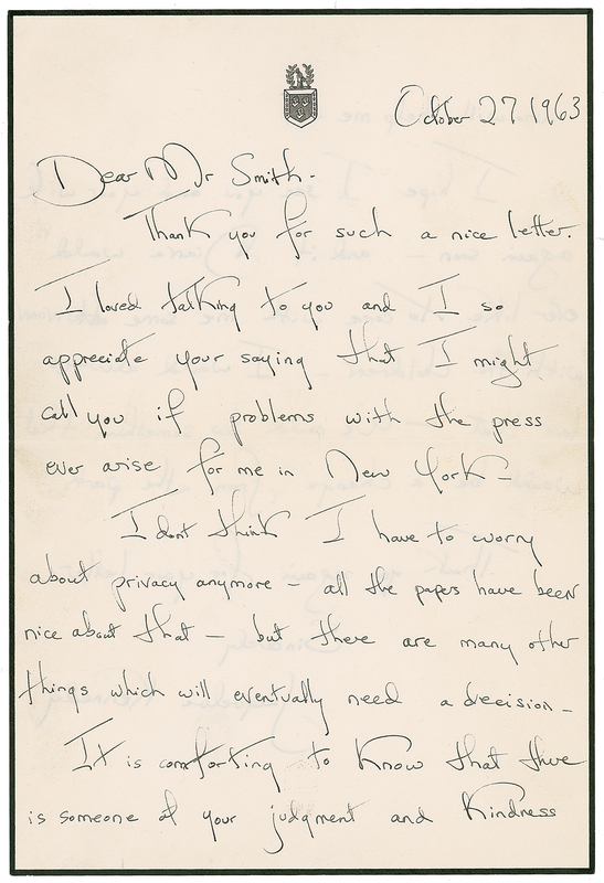 Lot 62 Jacqueline Kennedy: Subconsciously writing “1963” as the first anniversary of her husband’s assassination approaches, Jackie shows uncharacteristic naiveté: “I don’t think I have to worry about privacy anymore”