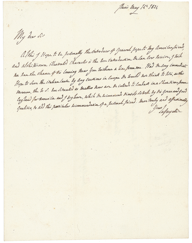 Lot 360 Marquis de Lafayette: Lafayette introduces John Quincy Adams to General Guglielmo Pepe, who hopes ?to serve the Italian cause by an exertion in Europe?