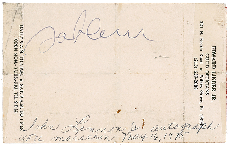 Lot 731 Beatles: John Lennon: Lennon signs in Philly at the WFIL Helping Hands Marathon