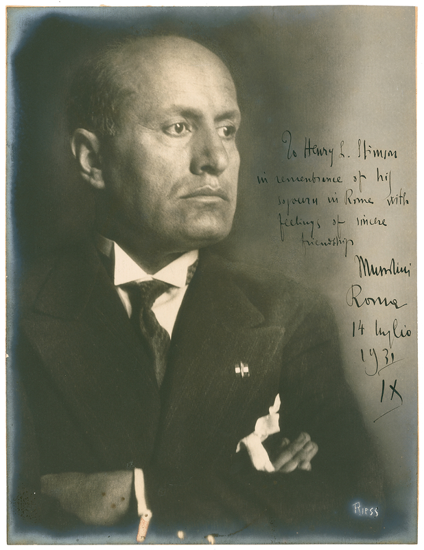 Lot 242 Benito Mussolini: Before allying himself with Hitler, Mussolini offers “sincere friendship” to US Secretary of State Henry Stimson