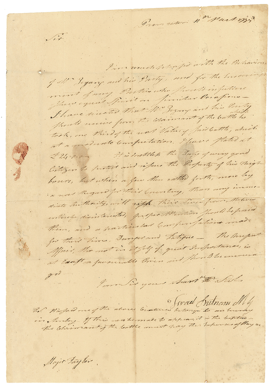 Lot 385 Israel Putnam: Revolutionary War hero Putnam argues for “compensation made for…time, Danger, and Fatigue” in a letter penned by his aide-de-camp Aaron Burr