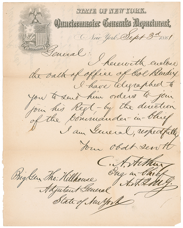 Lot 3 Chester A. Arthur: “By the direction of the Commander-in-Chief” Arthur forwards an oath of office in the first months of the Civil War