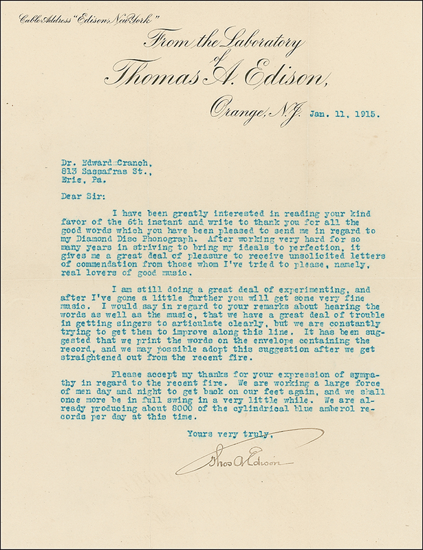 Lot 170 Thomas Edison: Undeterred by the catastrophic fire that destroyed his plant, Edison optimistically reports “we are already producing about 8000 of the cylindrical blue amberol records per day at this time”