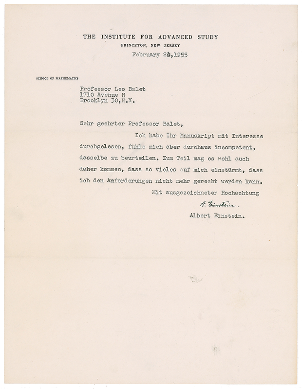 Lot 172 Albert Einstein: Einstein concedes to feeling ?absolutely incompetent?
