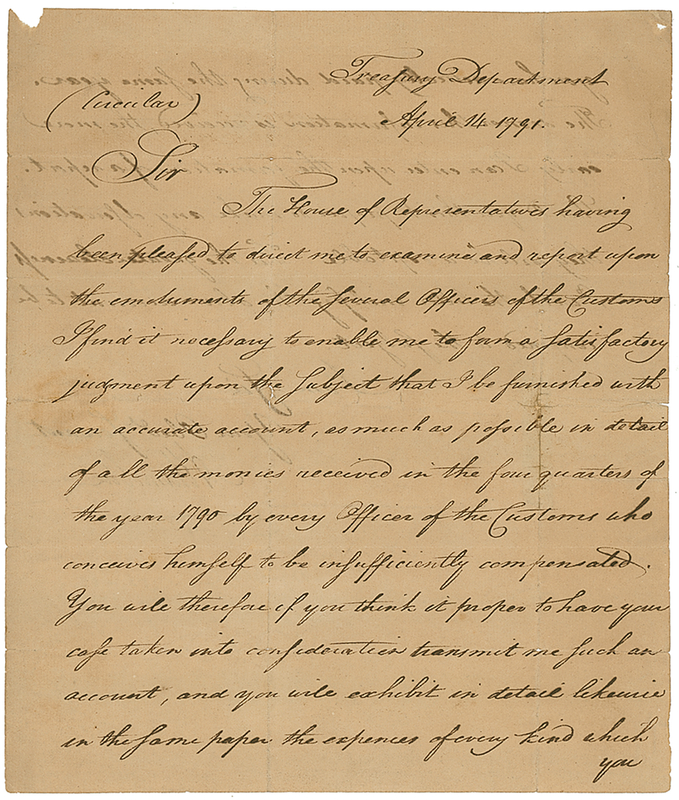 Lot 198 Alexander Hamilton: Hamilton aids “every Officer of the Customs who conceives himself to be insufficiently compensated”