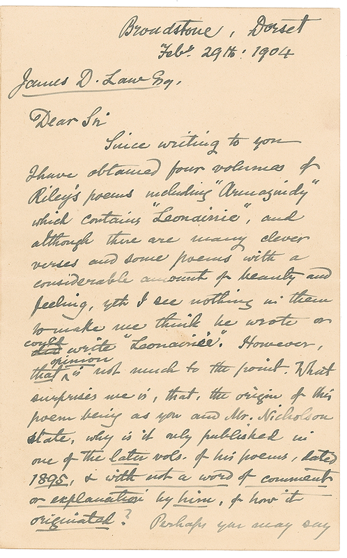 Lot 306 Alfred Wallace: Wallace continues his losing battle to prove genuine a bogus Poe poem